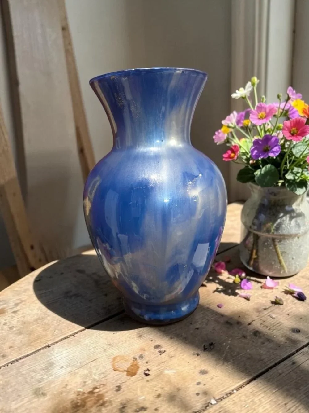 Fluid Art Acrylic Pour Glass Vase • Blue and Silver • Abstract Home Decor • OOAK